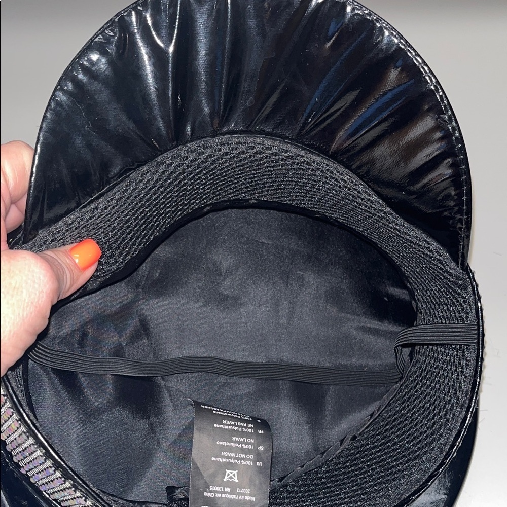 Leg Avenue Shiny faux leather Black Cap with Rhinestone Band & chin strap - Picture 9 of 9